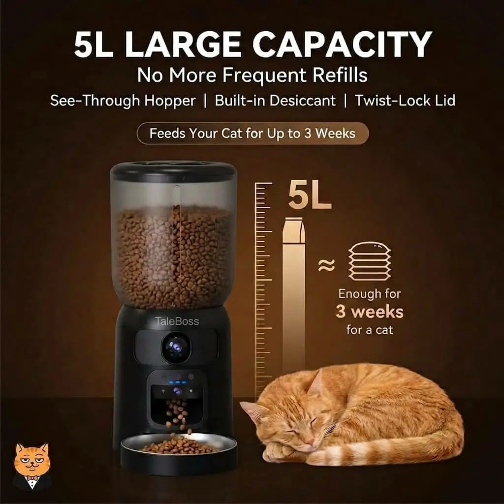 Taleboss 5L Automatic Feeder for Cats & Kittens, App-Controlled Pet Food Dispenser with Camera, Interactive Toy for Bored Indoor Cats, App Control