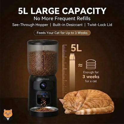 Taleboss 5L Automatic Feeder for Cats & Kittens, App-Controlled Pet Food Dispenser with Camera, Interactive Toy for Bored Indoor Cats, App Control