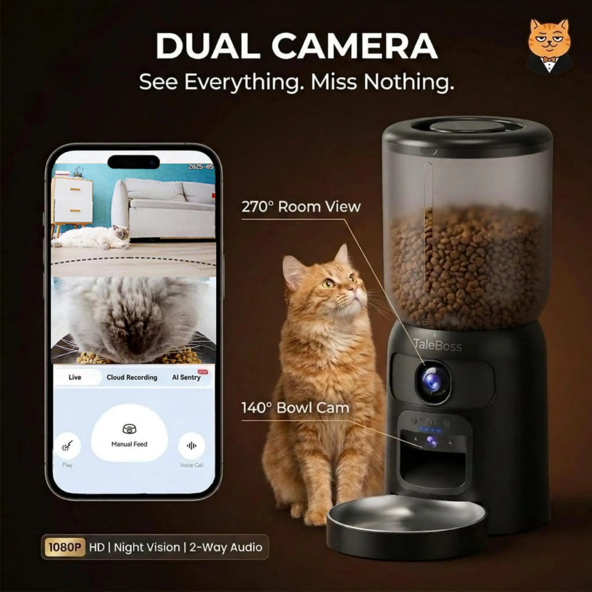 Taleboss 5L Automatic Feeder for Cats & Kittens, App-Controlled Pet Food Dispenser with Camera, Interactive Toy for Bored Indoor Cats, App Control